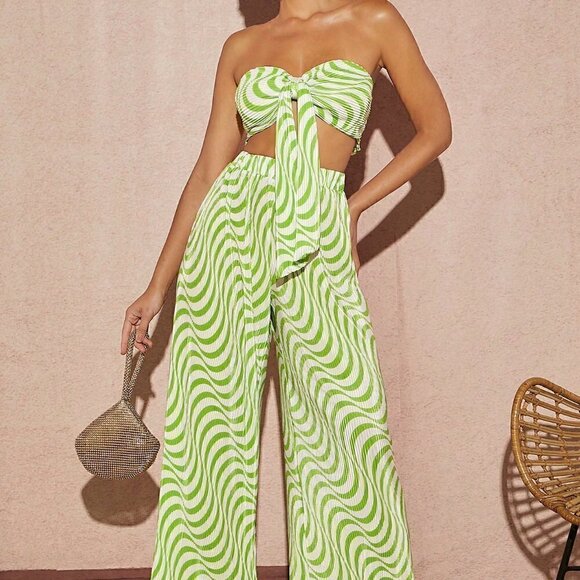 Multicolor Boho Womens Wave Striped Print Knot Front Tube Top & Wide Leg Pants - Picture 4 of 5